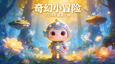 动画电影海报，可爱卡通角色在奇幻世界中