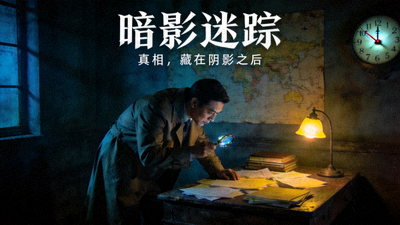 神秘悬疑电影海报，昏暗房间中的侦探调查