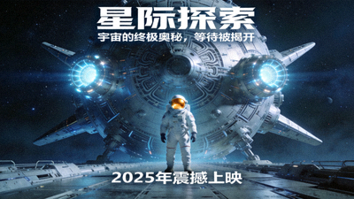 太空科幻电影海报，宇航员在星际飞船前