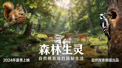 自然纪录片海报，野生动物在森林中栖息